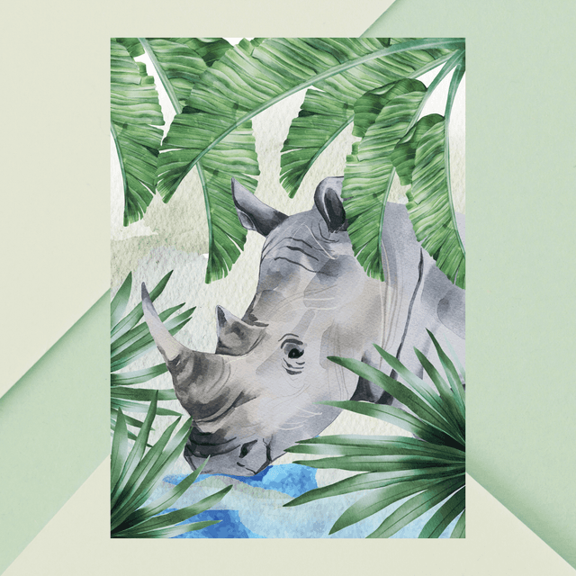 Impression de Rhinocéros Buveur dans un Ruisseau - Décoration Murale Sauvage / Rhino Drinking in a Stream Art Print - Wild Wall Decor