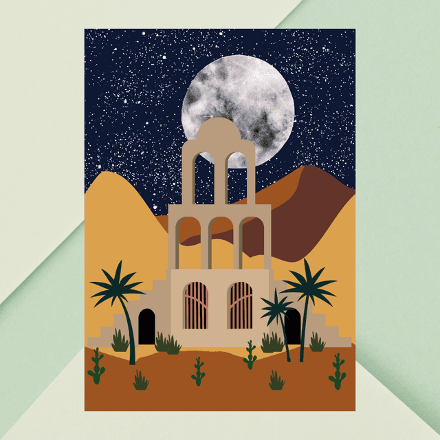 Impression d&#039;Oasis du Désert à la Lumière de la Lune - Décoration Scénique Nocturne /Moonlit Desert Oasis Art Print – Nighttime Scenic Wall Decor 