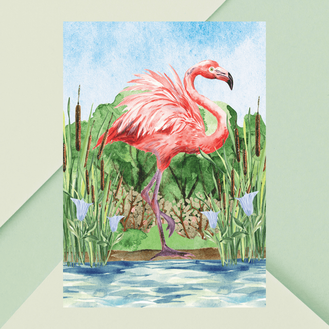 Impression Flamant Rose Debout près de l&#039;Eau - Décoration Murale Exotique / Standing Flamingo Near Water Art Print - Exotic Wall Decor