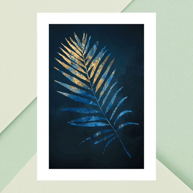 Impression Feuille de Palmier Dorée &amp; Bleue - Décoration Murale Tropicale / Golden &amp; Blue Palm Leaf Art Print - Tropical Wall Decor