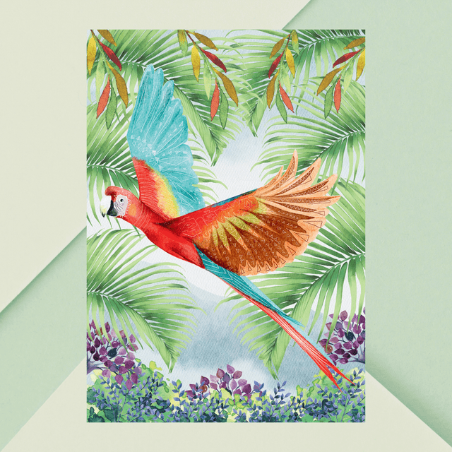 Impression d&#039;Ara Rouge Volant à Travers la Forêt Tropicale - Art Exotique / Scarlet Macaw Flying Through Tropical Forest Print - Exotic Bird Art 