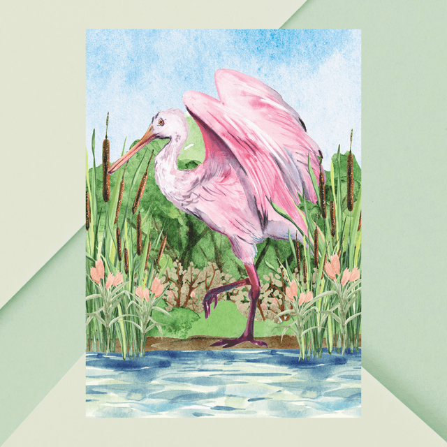 Impression d&#039;une Spatule Rosée sur un Magnifique Lac - Décoration Murale Nature / Roseate Spoonbill on a Beautiful Lake Art Print - Nature Wall Decor