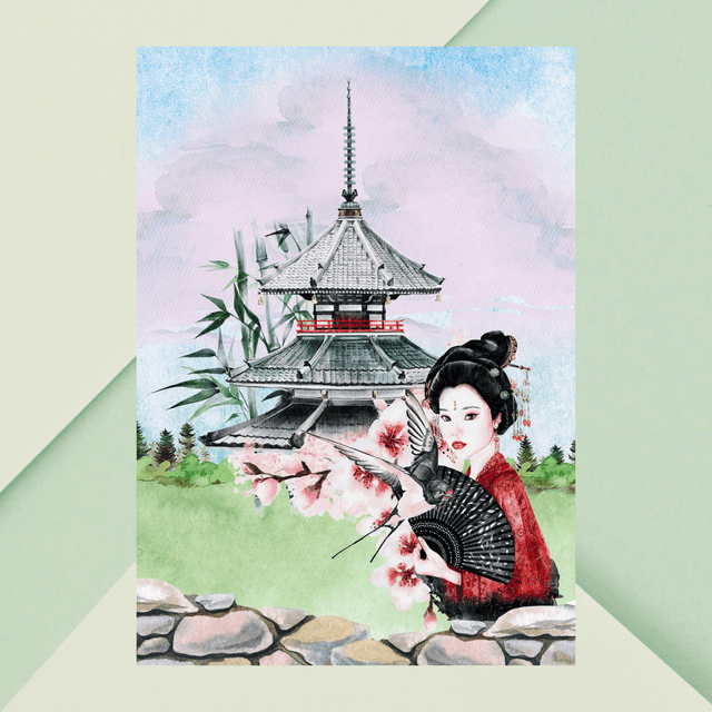 Impression d&#039;Art Élégance Japonaise – Geisha Traditionnelle et Pagode / Japanese Elegance Art Print – Traditional Geisha and Pagoda Wall Decor