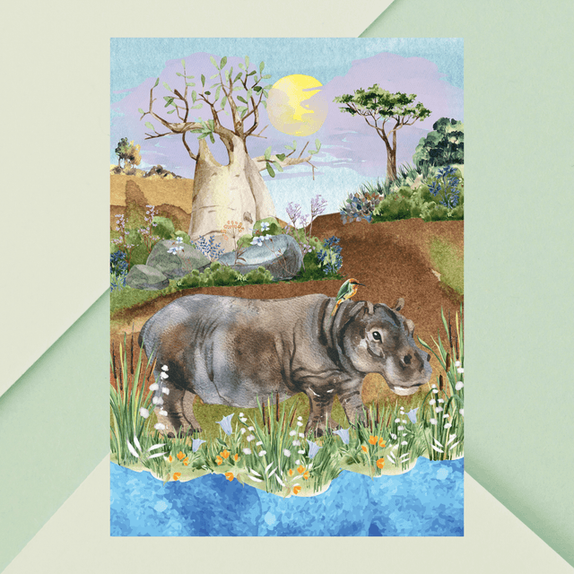 Impression d&#039;Hippopotame dans la Nature Sauvage Africaine - Décoration Exotique / Hippopotamus in African Wilderness Art Print - Exotic Wall Decor