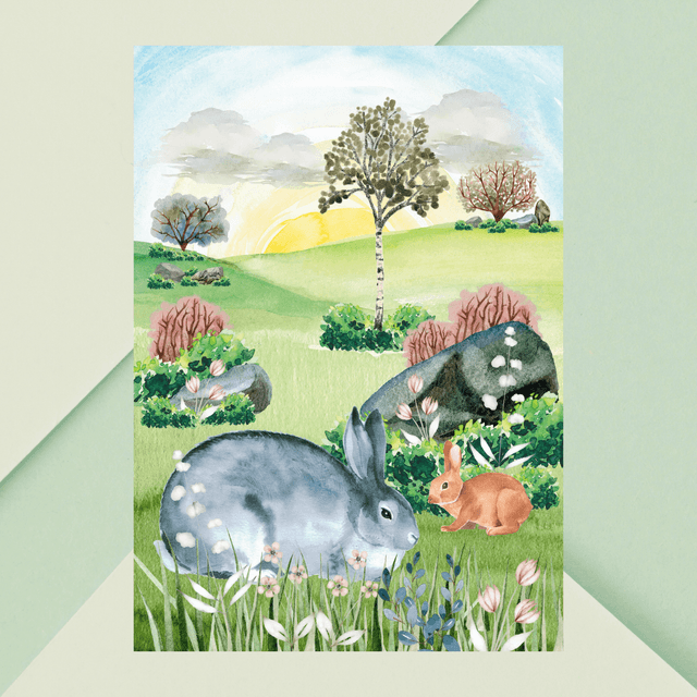 Impression Lapins Jouant dans un Magnifique Champ - Décoration Murale Champêtre / &quot;Bunnies Playing in a Beautiful Field Print - Rustic Wall Decor