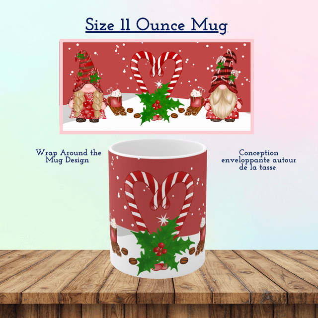Red Candy Cane Christmas gnomes Accent Coffee Mug, 11oz / Mug de Noël avec Gnomes et Canne en Sucre Rouge, 11oz