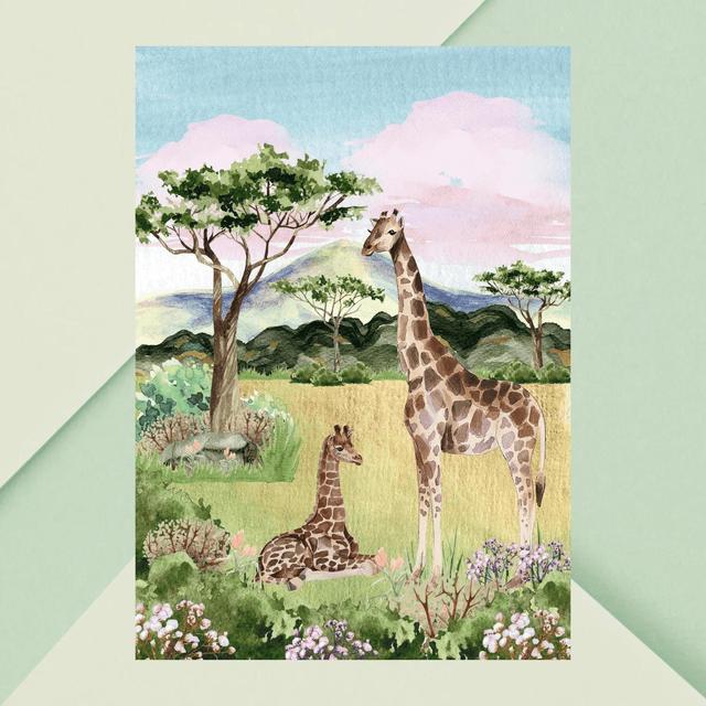 Impression Girafe Reposant dans une Savane Fleurie - Décoration Murale Nature / Giraffe Resting in a Flowered Savanna Print - Nature Wall Decor