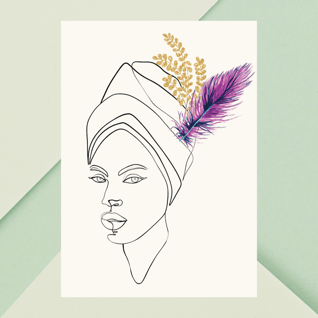 Impression d&#039;Art en Ligne avec Plume Violette et Tiges Florales Dorées / Elegant Femme: Line Art Print with Purple Feather and Gold Floral Accents