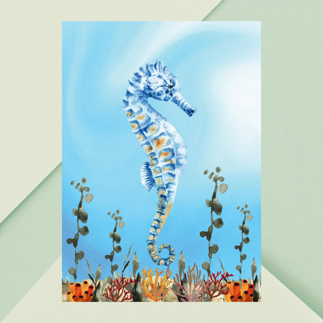Impression d&#039;Hippocampe dans le Récif Corallien - Décoration Murale Marine / Seahorse in Coral Reef Art Print - Marine Wall Decor