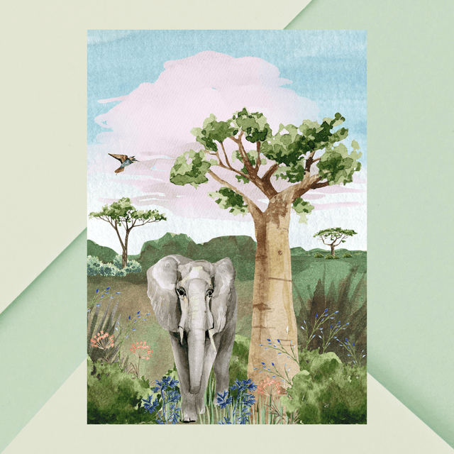 Impression d&#039;Éléphant Sous un Baobab - Décoration Murale Faune Africaine / Elephant Under a Baobab Art Print - African Wildlife Wall Decor