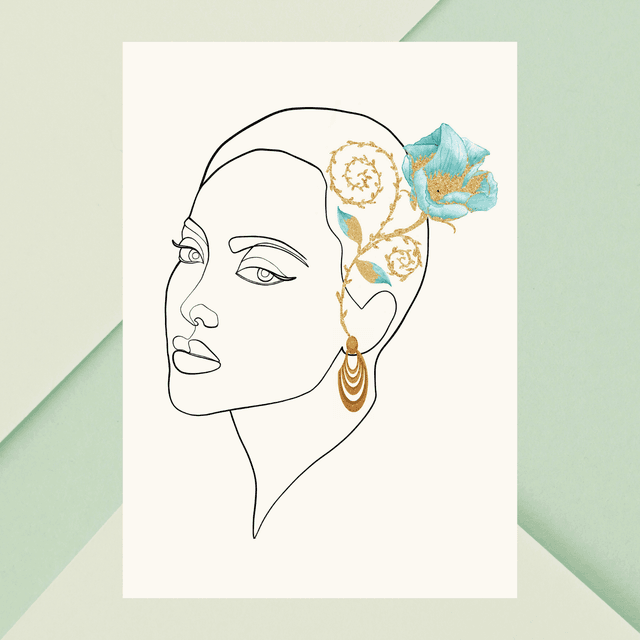  Impression d&#039;Art en Ligne avec Boucle d&#039;Oreille en Or et Rose Bleue / Graceful Muse: Line Art Print with Gold Earring and Blue Rose Adornment