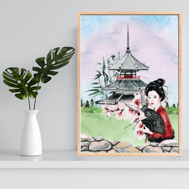 Impression d'Art Élégance Japonaise – Geisha Traditionnelle et Pagode / Japanese Elegance Art Print – Traditional Geisha and Pagoda Wall Decor