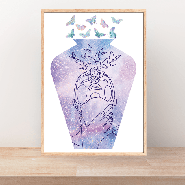 Vase en dessin linéaire avec femme soufflant des papillons /  Line Art Vase with Woman Breathing Butterflies