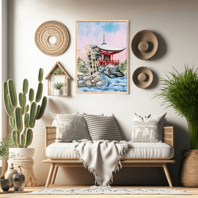 Impression d'Art Pagode Japonaise Tranquille – Cascade et Bambou/ Tranquil Japanese Pagoda Art Print – Serene Waterfall and Bamboo Wall Decor