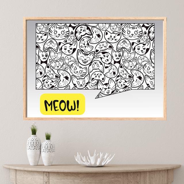 Impression Typographique 'Meow' avec Visages de Chats - Décoration Murale Ludique / Meow Typography with Cat Faces Print - Playful Wall Decor