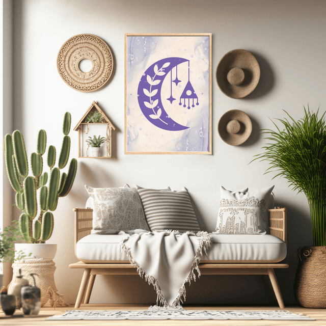 Affiche Murale Rêves Lunaires Bohème / Lunar Dreams Boho Wall Art – Crescent Moon with Leaf and Star Accents