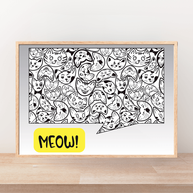 Impression Typographique 'Meow' avec Visages de Chats - Décoration Murale Ludique / Meow Typography with Cat Faces Print - Playful Wall Decor