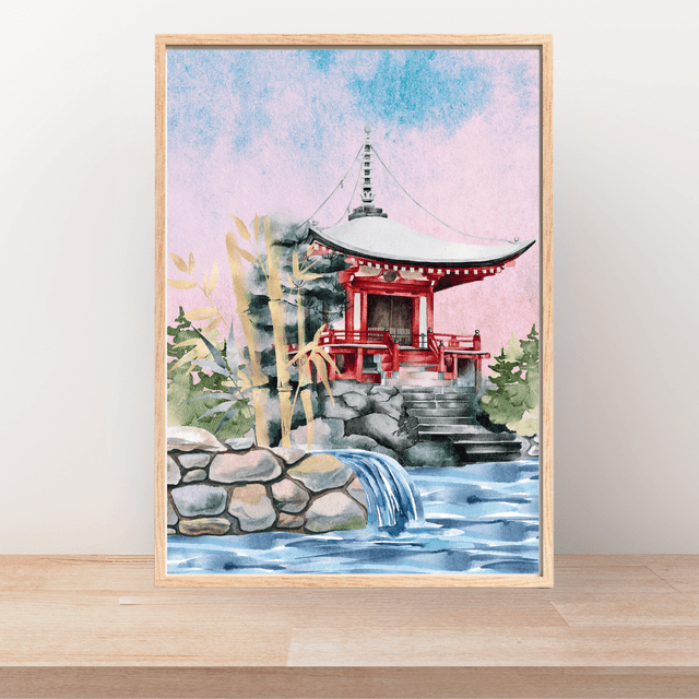Impression d'Art Pagode Japonaise Tranquille – Cascade et Bambou/ Tranquil Japanese Pagoda Art Print – Serene Waterfall and Bamboo Wall Decor