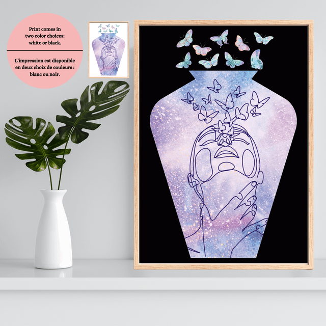 Vase en dessin linéaire avec femme soufflant des papillons /  Line Art Vase with Woman Breathing Butterflies