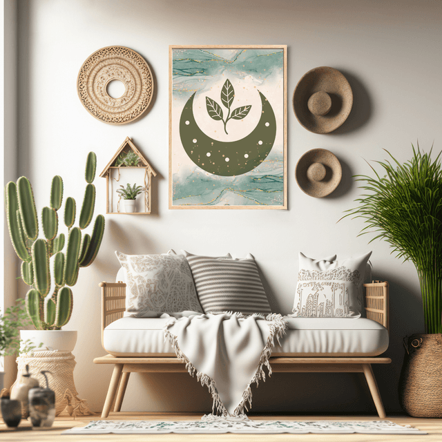 Affiche Demi-Lune & Feuille Bohème Vert Olive / Olive Green Half-Moon & Leaf Boho Art Print