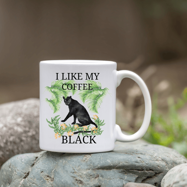 Mug avec Panthère Noire – Design 'J’aime Mon Café Noir / Black Panther Mug – 'I Like My Coffee Black' Jungle Design