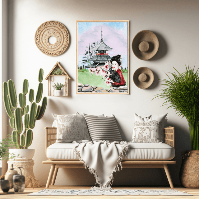 Impression d'Art Élégance Japonaise – Geisha Traditionnelle et Pagode / Japanese Elegance Art Print – Traditional Geisha and Pagoda Wall Decor