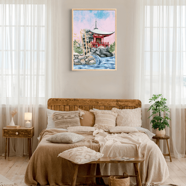 Impression d'Art Pagode Japonaise Tranquille – Cascade et Bambou/ Tranquil Japanese Pagoda Art Print – Serene Waterfall and Bamboo Wall Decor