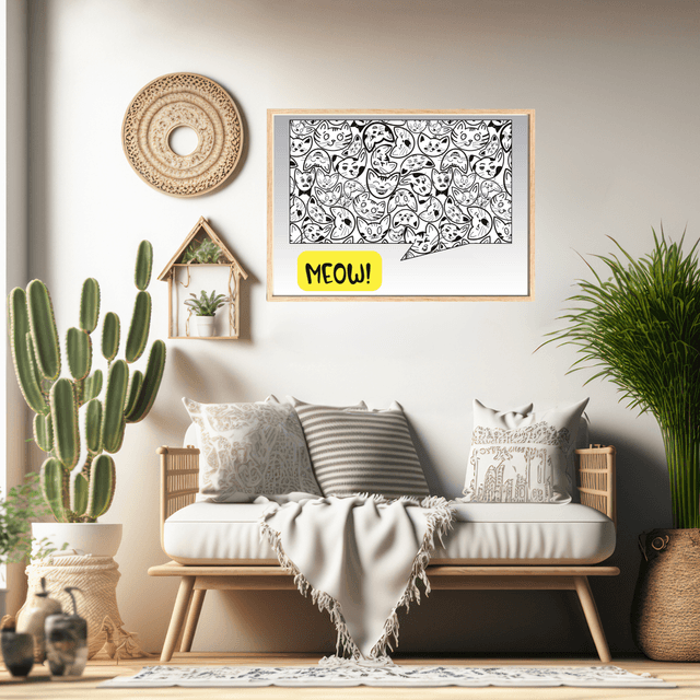 Impression Typographique 'Meow' avec Visages de Chats - Décoration Murale Ludique / Meow Typography with Cat Faces Print - Playful Wall Decor