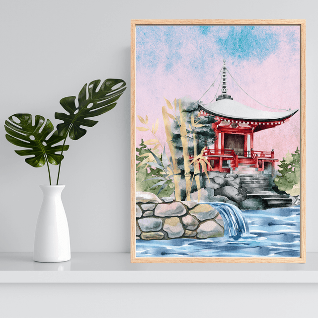 Impression d'Art Pagode Japonaise Tranquille – Cascade et Bambou/ Tranquil Japanese Pagoda Art Print – Serene Waterfall and Bamboo Wall Decor