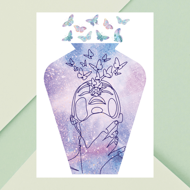 Vase en dessin linéaire avec femme soufflant des papillons /  Line Art Vase with Woman Breathing Butterflies