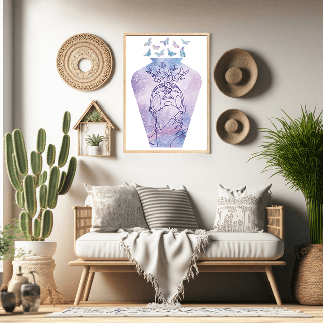Vase en dessin linéaire avec femme soufflant des papillons /  Line Art Vase with Woman Breathing Butterflies