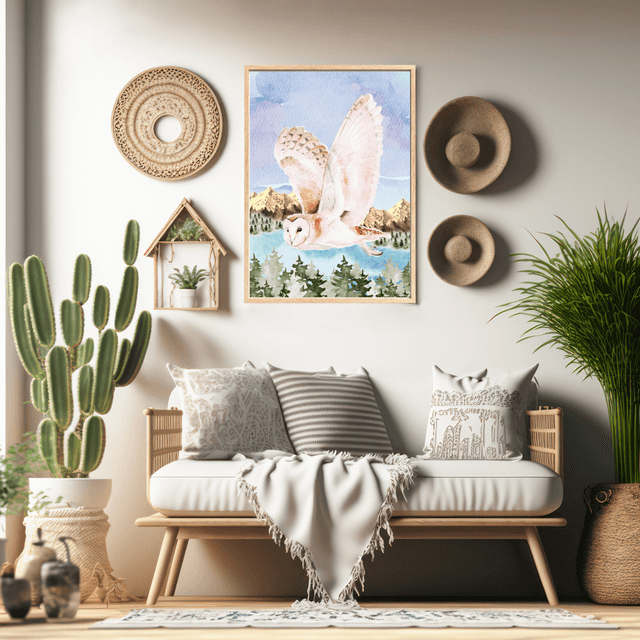 Impression d'Art Chouette en Vol dans la Forêt / Snowy Owl Flying Through Forest Art Print – Majestic Winter Sky Decor