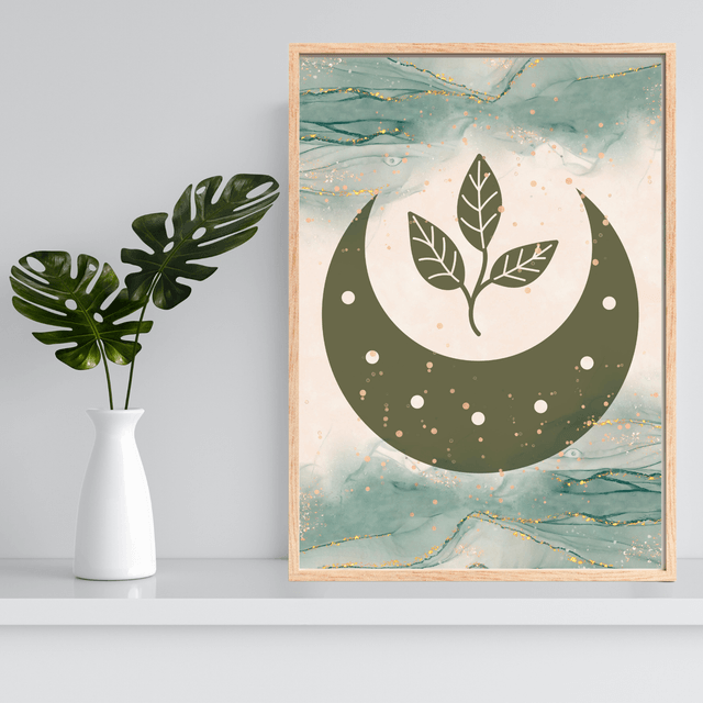 Affiche Demi-Lune & Feuille Bohème Vert Olive / Olive Green Half-Moon & Leaf Boho Art Print