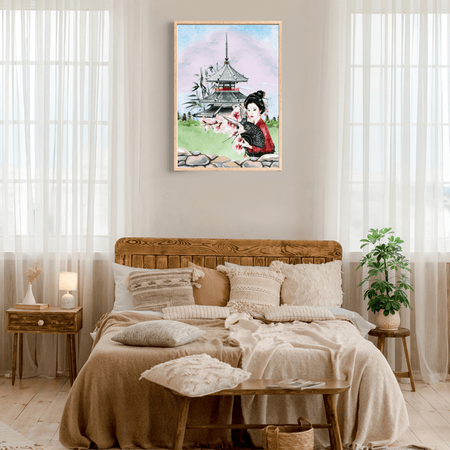 Impression d'Art Élégance Japonaise – Geisha Traditionnelle et Pagode / Japanese Elegance Art Print – Traditional Geisha and Pagoda Wall Decor