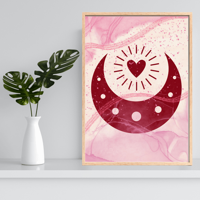 Affiche Demi-Lune Bordeaux & Cœur Rayonnant / Burgundy Half-Moon & Radiant Heart Art Print
