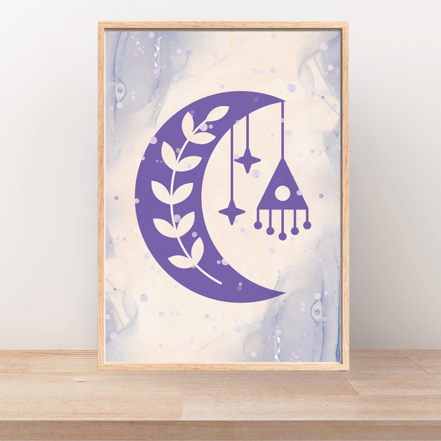 Affiche Murale Rêves Lunaires Bohème / Lunar Dreams Boho Wall Art – Crescent Moon with Leaf and Star Accents