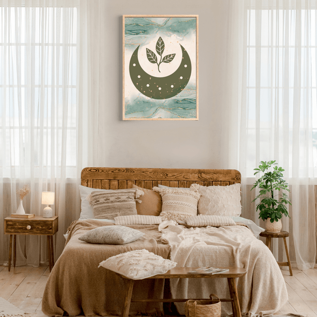 Affiche Demi-Lune & Feuille Bohème Vert Olive / Olive Green Half-Moon & Leaf Boho Art Print