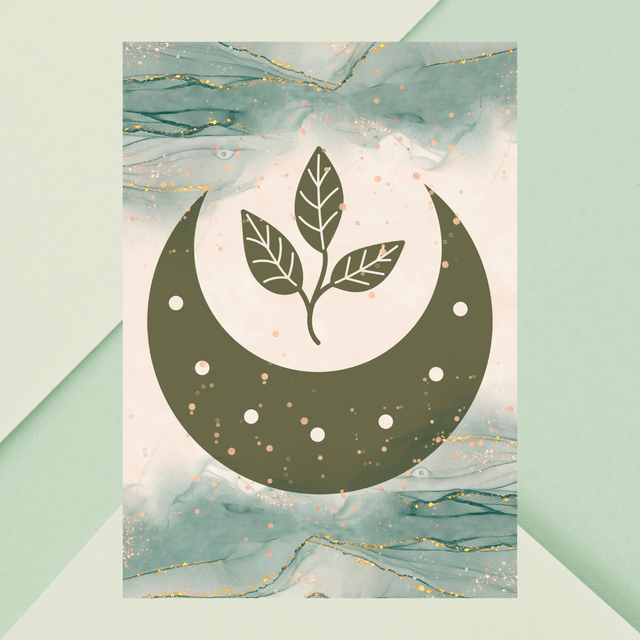 Affiche Demi-Lune & Feuille Bohème Vert Olive / Olive Green Half-Moon & Leaf Boho Art Print