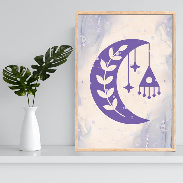 Affiche Murale Rêves Lunaires Bohème / Lunar Dreams Boho Wall Art – Crescent Moon with Leaf and Star Accents