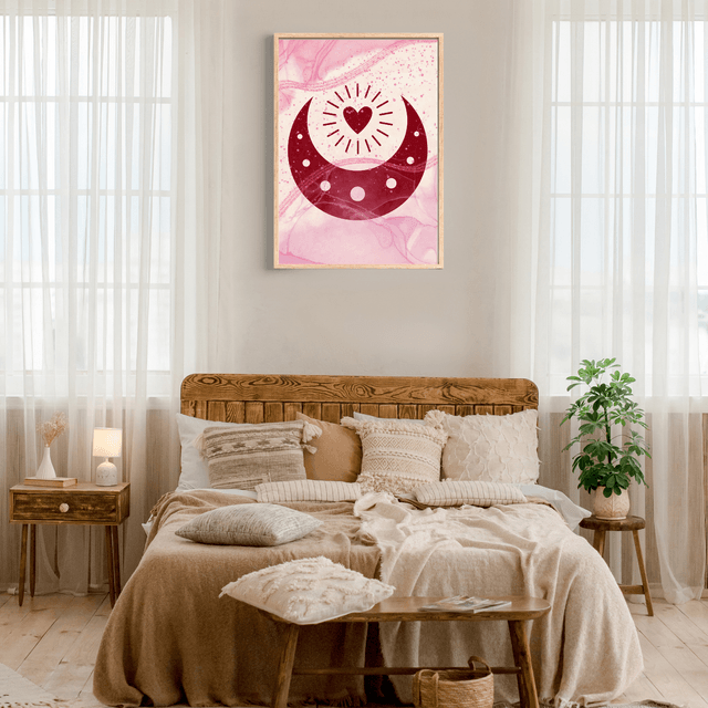 Affiche Demi-Lune Bordeaux & Cœur Rayonnant / Burgundy Half-Moon & Radiant Heart Art Print
