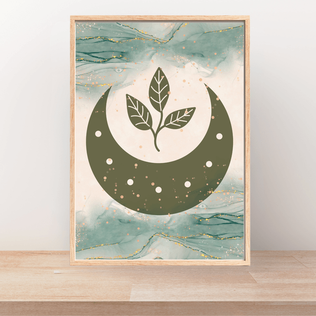 Affiche Demi-Lune & Feuille Bohème Vert Olive / Olive Green Half-Moon & Leaf Boho Art Print