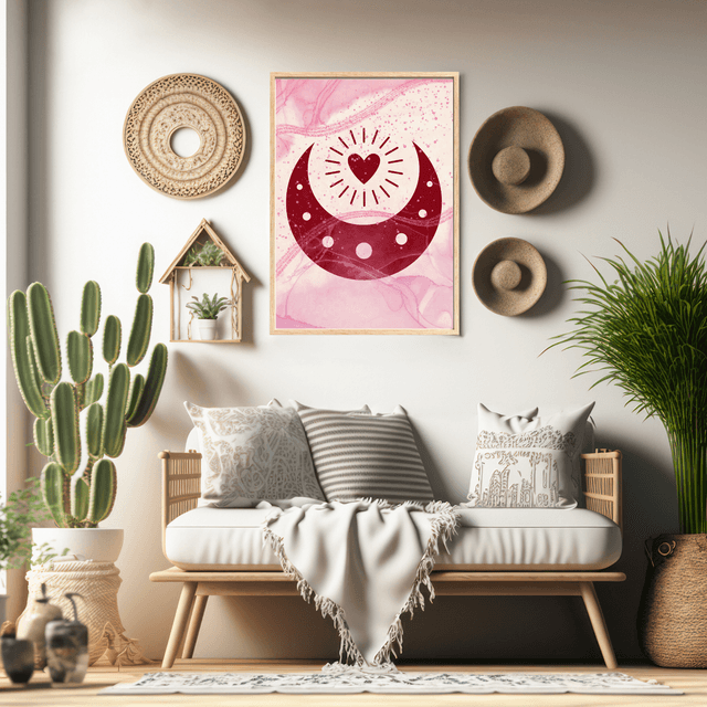 Affiche Demi-Lune Bordeaux & Cœur Rayonnant / Burgundy Half-Moon & Radiant Heart Art Print