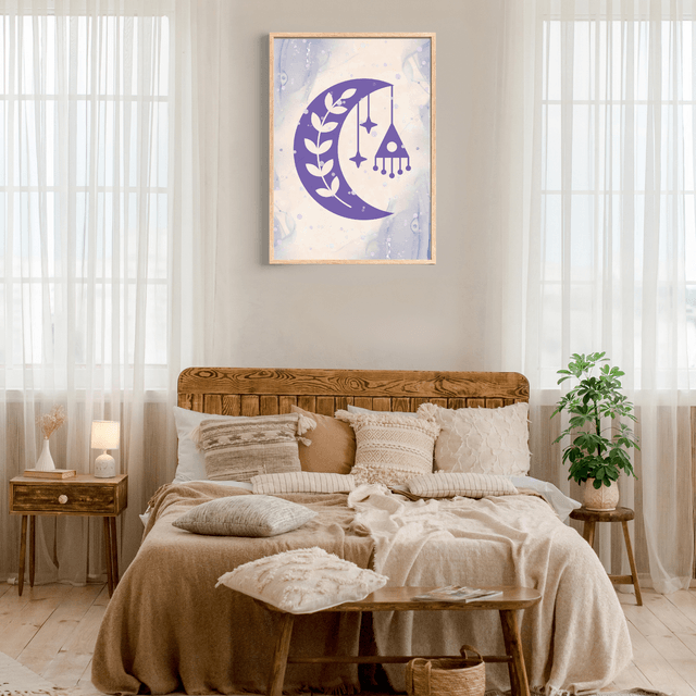 Affiche Murale Rêves Lunaires Bohème / Lunar Dreams Boho Wall Art – Crescent Moon with Leaf and Star Accents