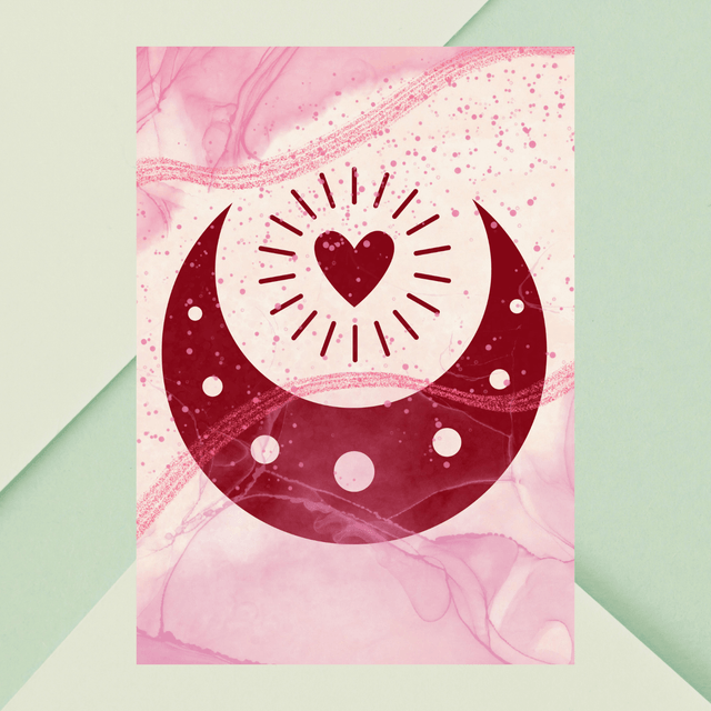 Affiche Demi-Lune Bordeaux & Cœur Rayonnant / Burgundy Half-Moon & Radiant Heart Art Print